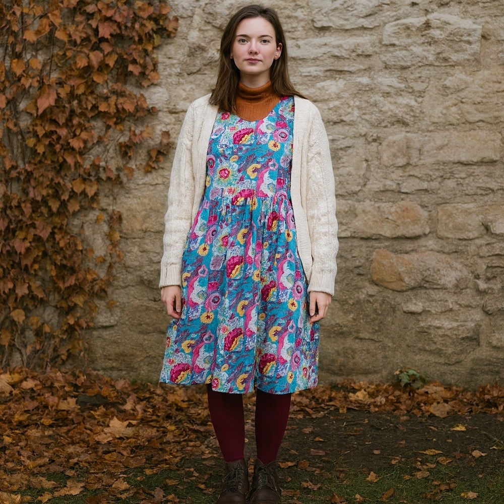 Vintage 80s Bryn‎ Connelly Paris Floral Cotton Dress XS Boho Cottagecore Summer